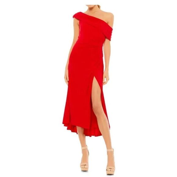 MAC DUGGAL FOLDOVER RUCHED ONE-SHOULDER JERSEY MIDI RED DRESS Size 12 - Picture 1 of 7